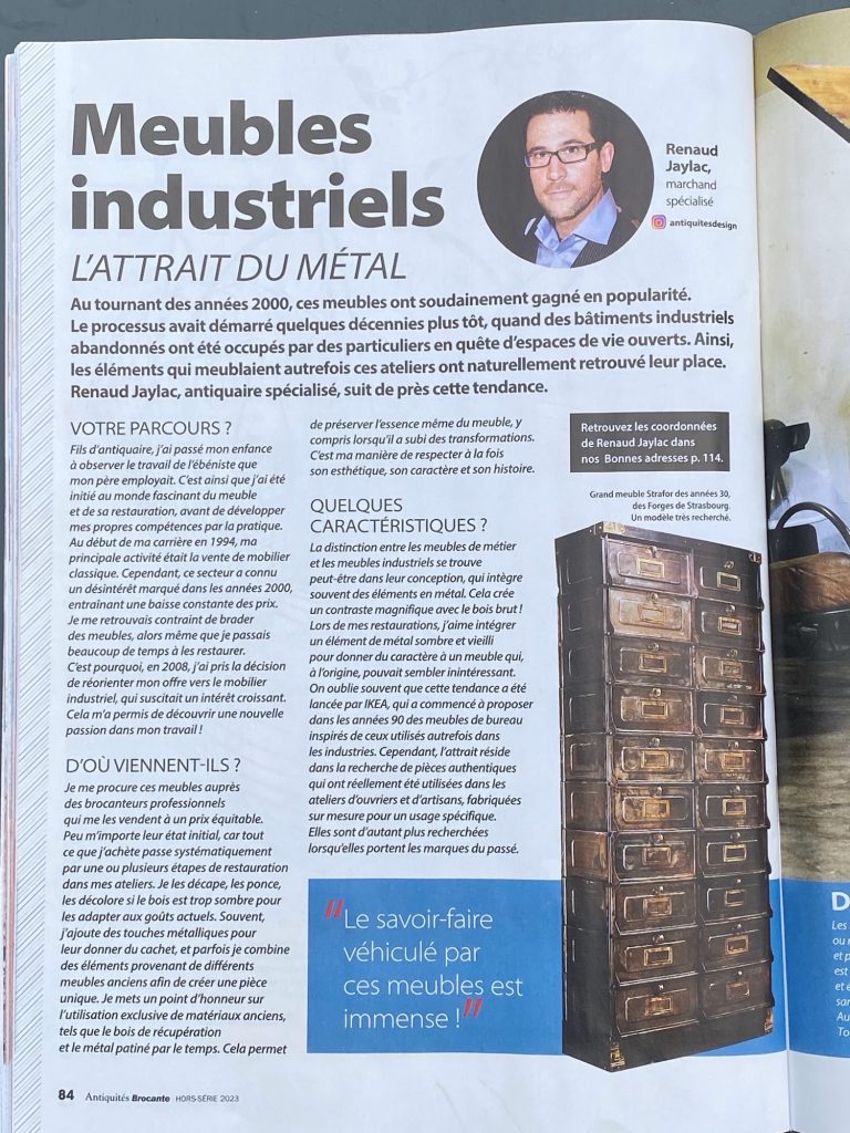 article de presse meuble industriel dans magasine de brocante
