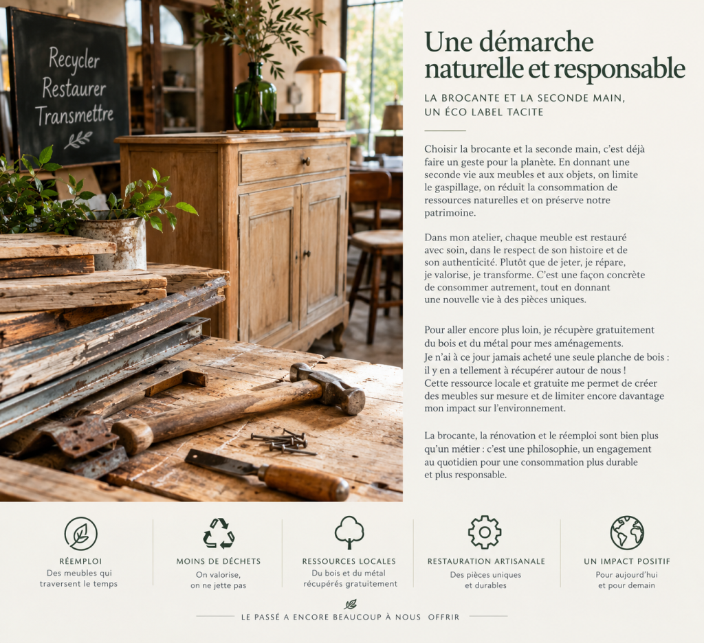 la brocante une label eco responsable tacite une démarche de seconde main est bonne pour l'environement naturelle et responsable respect de la planetre contre la surproduction de masse
